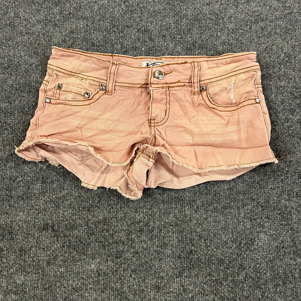 Klip Denim Shorts Womens Size 7 Pink Rhinestone Low Rise Raw Hem Distressed Y2K